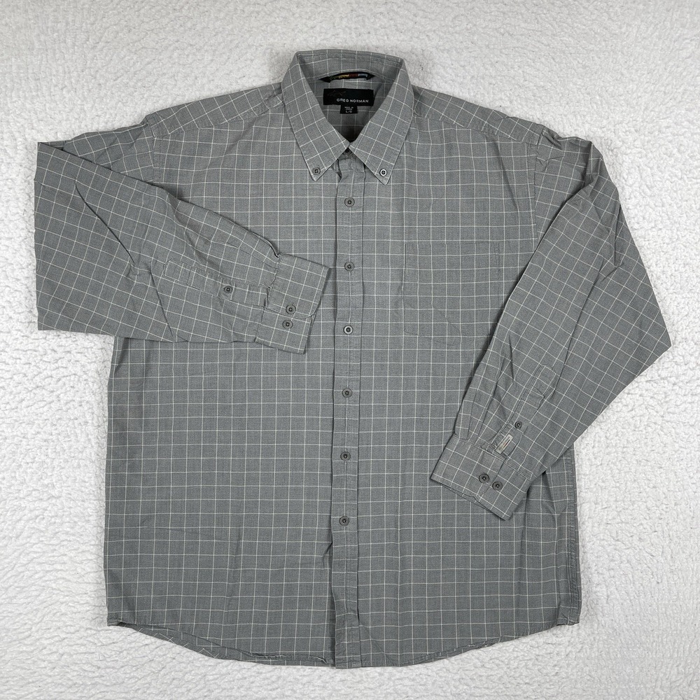 Greg Norman Shirt Mens Large Gray Plaid Shark Golf Preppy Office Casual Travel